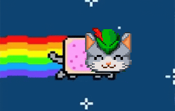 Pixel-art cat with a pop-tart body and a green feathered cap, flying left to right across a starfield leaving a rainbow trail.